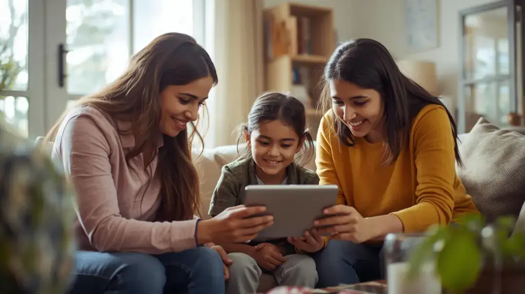 Three females are sitting on a couch and looking at a tablet. The woman on the left is wearing a pink shirt, the woman on the right is wearing a yellow shirt, and the girl in the middle is wearing a green jacket. They are all smiling.