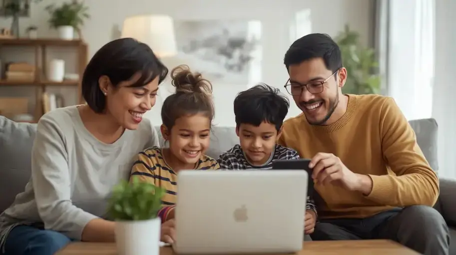 A family of four, including parents and two children, are gathered around a laptop and a phone, all smiling and appearing engaged.
